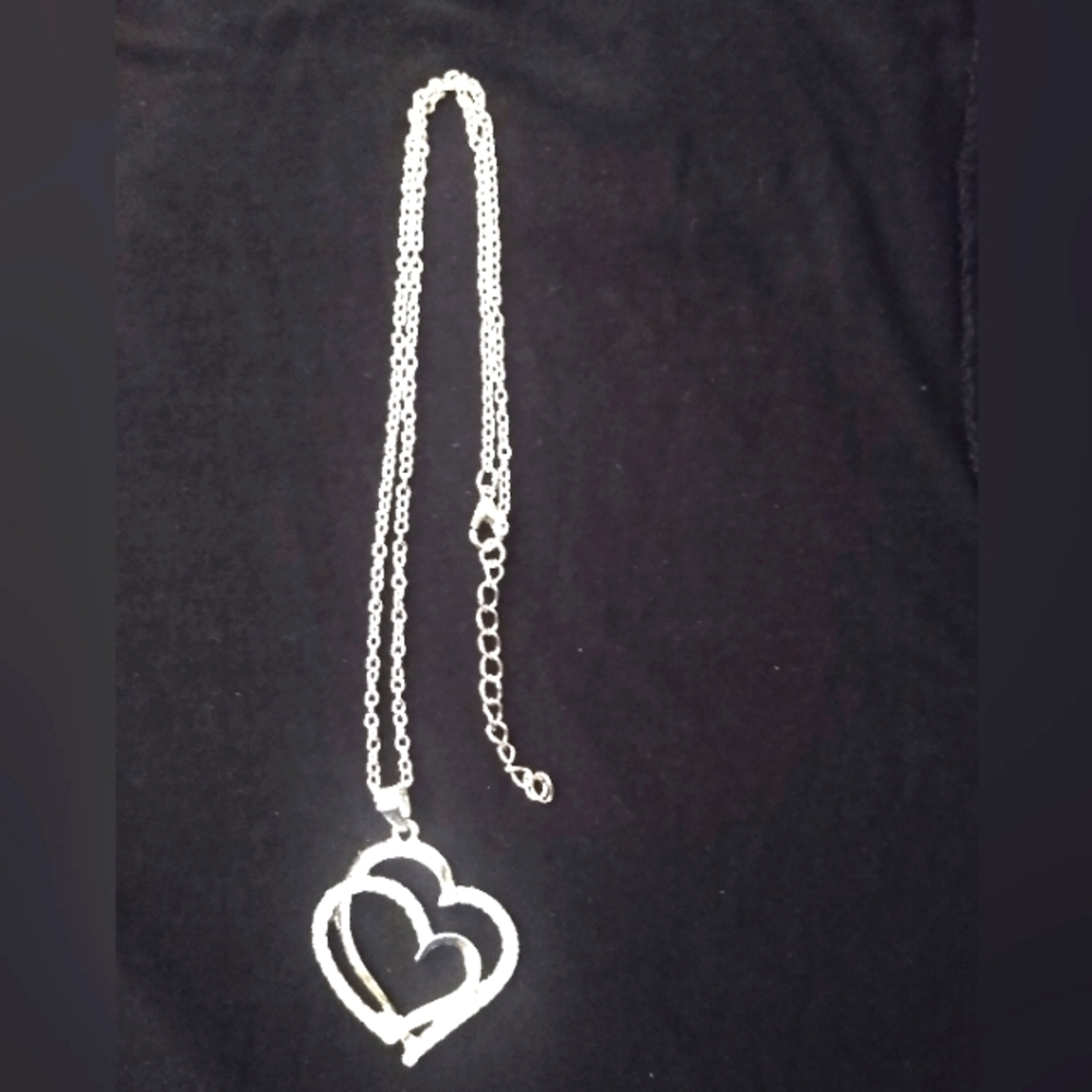 Double heart necklace w/ rhinestones silver toned New